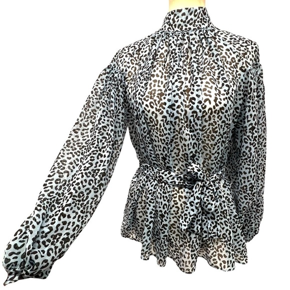ASOS Blue Animal Print Belted Puff Sleeve Sheer Blouse - Picture 4 of 13
